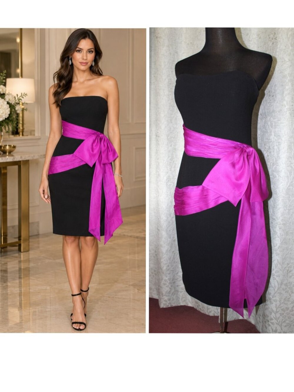 Theia Elegant Black Strapless Dress Bright Magenta Silk ribbon Size 6 Cocktail